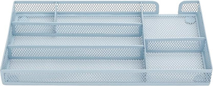 Annova Desk Drawer Organizer/Storage Tray - Metal Mesh with Dividers for Pens, Desktop Accessories, Bathroom, Kitchen, Makeup and Office Supplies (Small, Morandi Blue)