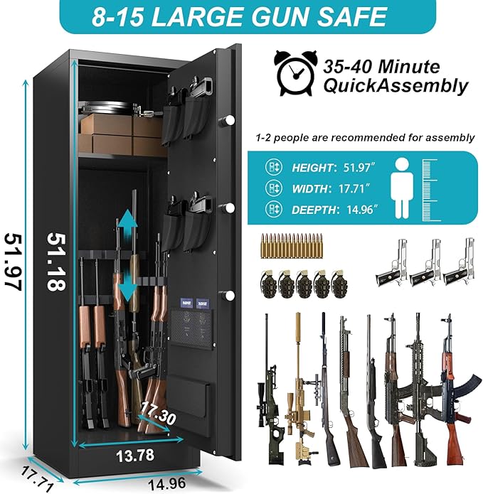 Marcree 8-12 Gun Locker, Gun Safe with Removable Shelf, Large Digital Rifle Gun Safe with Dual Alarm System, Shotgun Safes for Home Bedroom, Mute Function, LED Light, Ammo Bag