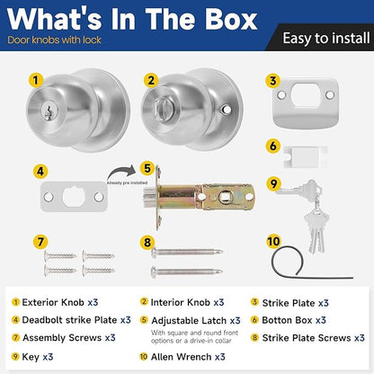 Keyed Entry Door Knob with Lock and Key, Exterior and Interior Door Knob for Bedroom or Bathroom, Satin Nickel, Not Keyed Alike, 3 Pack