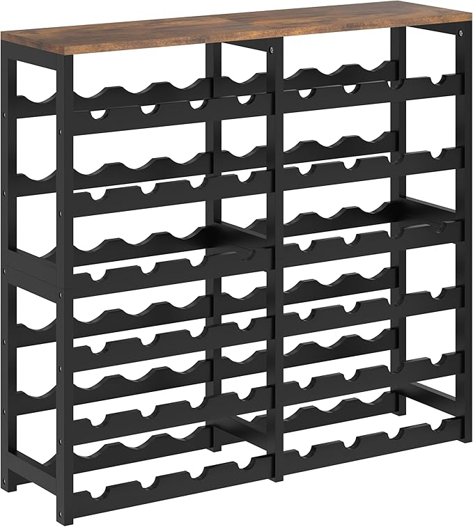 6 Tier Bamboo Wine Rack Freestanding Floor, 48 Bottles Wine Storage Shelves with Table Top, Stackable Wine Display Rack for Kitchen, Bar, Dining Room (Rustic Brown and Black, 48 Bottles)