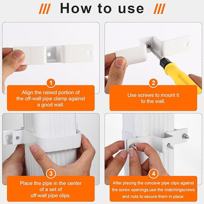6-Pack Downspout Straps 2x3 & Wall Brackets, White Downspout Fasteners Set with Hardware for Secure Installation