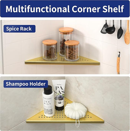 Corner Shower Shelves 10", Brushed Gold 304 Stainless Steel Recessed Bathroom Shelf, Grout in Shelf Rack for Tiled Wall, 2 Pack