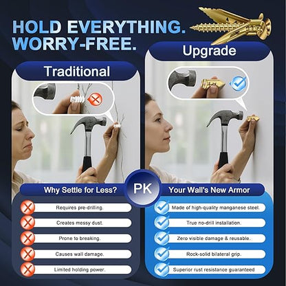 160 Pcs Self Drilling Drywall Anchors with Screws Kit, 3 Sizes Premium Zinc-Plated Manganese Steel Expansion Screws, No Pre-Drilling for Hollow Walls, Holds 100+ lbs for Shelves, TV, Cabinets