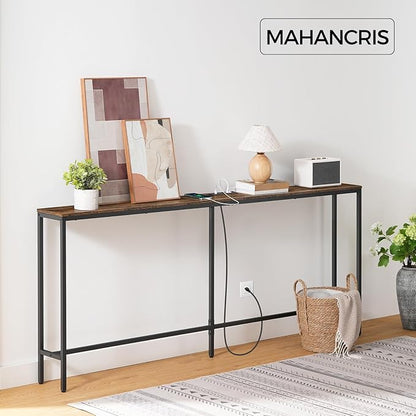 78.7" Console Table with Power Outlet, Narrow Sofa Table, Industrial Entryway Table with USB Ports, Behind Couch for Entryway, Hallway, Foyer, Living Room, Rustic Brown CTHR20E01