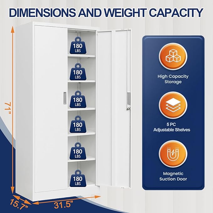 BESFUR Metal Garage Storage Cabinet with Locking Doors and 5 Adjustable Shelves, White Tall Storage Cabinets, Tool File Lockable Cabinet for Garage Office Warehouse Shop(71”H)