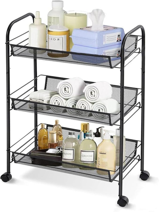 3 Tier Rolling Cart for Bathroom - Lightweight Metal Wire Storage Organizer with Wheels, Holds Toiletries & Cosmetics, Tool-Free Assembly, Black
