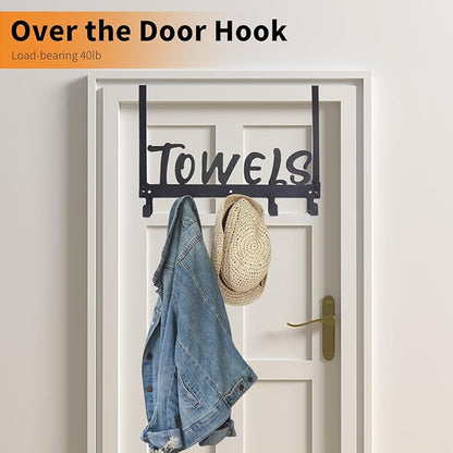 Over The Door Hook, Towel Holder Towel Hook for Bathroom, Towel Hanger Door Rack with 5 Coat Hooks, Over The Door Hanger Towel Rack for Bathroom, Bedroom Towels Coats, Black