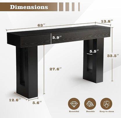 Depeht 63" Long Entryway Console Table, Wooden Farmhouse Sofa Behind Couch Table with Thickened Base, Large Industrial Hallway Accent Furniture for Living Room, Entrance, Foyer, Hallway (Black)
