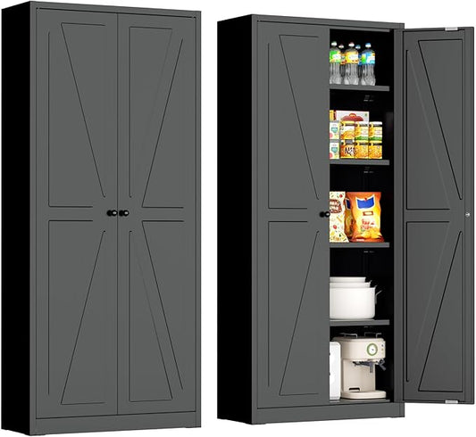 INTERGRAET 63" H Pantry Cabinet, Metal Kitchen Pantry Cabinets with 2 Doors and 4 Shelves, Farmhouse Food Storage Cabinets, Large Pantry Cabinets for Home,Kitchen,Living Room/Dining