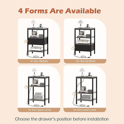 SUPERJARE Nightstand with Charging Station, Bed Side Table with Adjustable Fabric Drawer, Night Stand for Bedroom, 3-Tier Storage End Table, for Living Room, Charcoal Gray