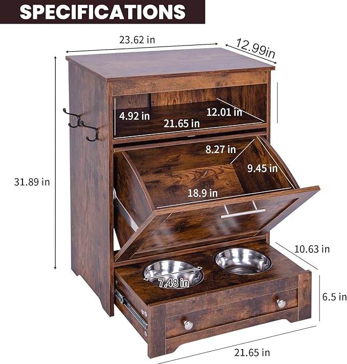 Dog Feeding Station with Storage,Pet Feeding Station Food Storage Cabinet with 2 Elevated Dog Bowls for Water and Feeding Supplies,Dog & Cat Storage Organizer with Drawer,Brown