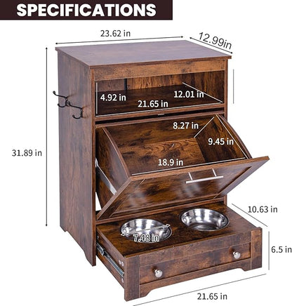 Dog Feeding Station with Storage,Pet Feeding Station Food Storage Cabinet with 2 Elevated Dog Bowls for Water and Feeding Supplies,Dog & Cat Storage Organizer with Drawer,Brown