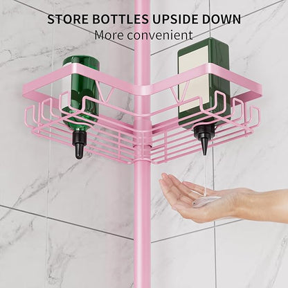 Corner Shower Caddy Tension Pole - Pink - Rustproof Adjustable Bathroom Organizer Shelf for Shampoo, 25–114.2 Inch Shower Rack for Renters, Apartments