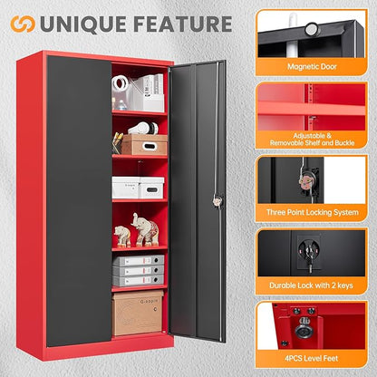 Metal Garage Storage Cabinets with Lock, 71" Tall Tool Cabinet with 2 Door and 5 Adjustable Shelves, Locking Garage Cabinets and Lockable Steel Locker for Home Office Warehouse-(Red Black-71”H)