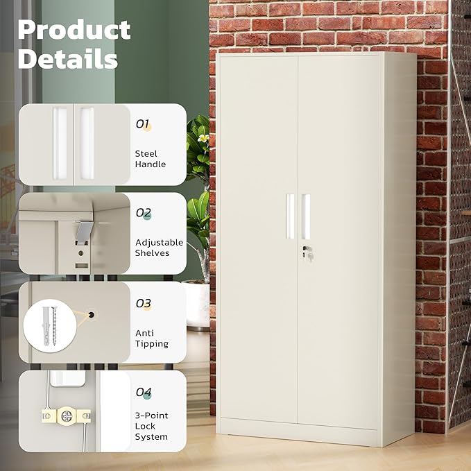 Greenvelly Metal Lockable Storage Cabinet, 72” Tall Storage Cabinet with 2 Doors and 4 Adjustable Shelves for Office, Home, Garage, Pantry (Assembly Required, 18”D, Grey)