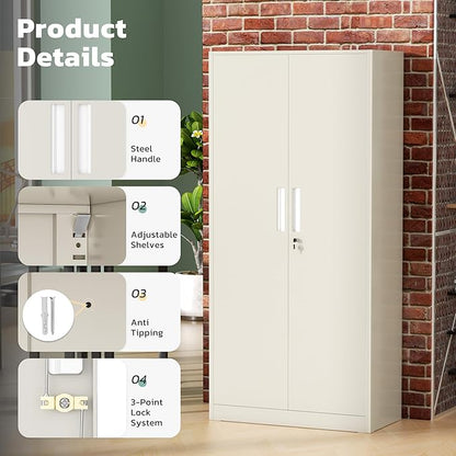 Greenvelly Metal Lockable Storage Cabinet, 72” Tall Storage Cabinet with 2 Doors and 4 Adjustable Shelves for Office, Home, Garage, Pantry (Assembly Required, 18”D, Grey)