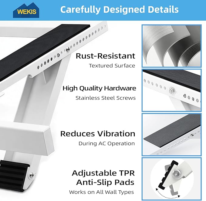 Window AC Support Bracket, No-Drill No-Tool Air Conditioner Support Bracket Adjustable Wall Mount, Heavy Duty Steel Holds Up to 300lbs, Fits Single Or Double Hung Windows, White