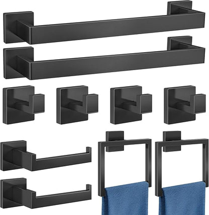 Bathroom Accessories Set 10-Piece Stainless Steel Modern Wall Mount Towel Racks for Bathroom 16In, Matte Black