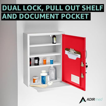 AdirMed Red Locking Medication Cabinet with Document Pocket, Metal Wall Mounted Medication Cabinet with Dual Lock and Dual Keys, 21" H x 16" W x 6" D