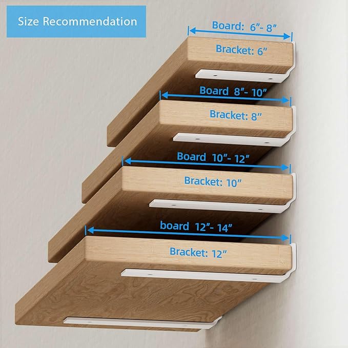 Shelf Brackets, Heavy Duty Floating Shelf Brackets 10-Inch Long, 6-Pack Brackets for Shelves, Matte White L Hidden Metal Wall Shelf Support Shelving Brackets, 1/5-Inch Thick 160 lb. Load Capacity