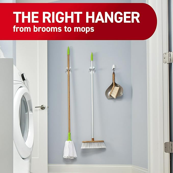 Command Broom and Mop Grippers, 6 Hangers and 16 Strips, Damage-Free Hanging Wall Mount Broom and Mop Holder, Household Cleaning Organizer for Organization and Storage, Holds up to 4 lb