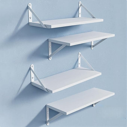 Wall Shelves 7.3" Deep Set of 4, Solid Paulownia Wood Wider Longer Sturdy Easy to Install Wall Mounted Bookshelves Storage Shelves Bathroom Home Office Laundry Room Bedroom Organizer White