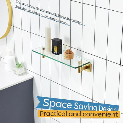 KOKOSIRI Wall Shelves Floating Shelf 16'' Gold Stainless Steel Bathroom Hardware Tempered Glass Hanging Rack Storage/Room Decor 2 Pack B1105BG-L16-P2