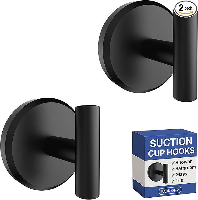 HOME SO Suction Cup Hooks for Shower & Bathroom Towel Holder 2-Pack – Suction Cups Hooks for Hanging Towels, Robes, & Coats - Tiles, Glass Door or Mirror – Shower Hooks & Towel Hooks - Black T-Shape