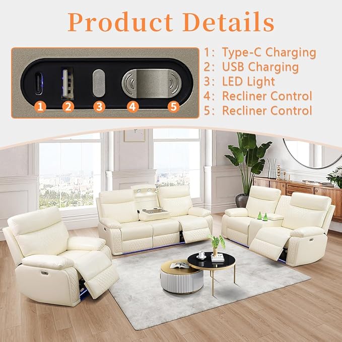 Power Recliner Loveseat Recliner Sofa, Living Room Furniture Sets with LED, Soft Leather Reclining Loveseat with Cup Holders,Hidden Storage,Double Seat Recliner Couch for Living Room,Office