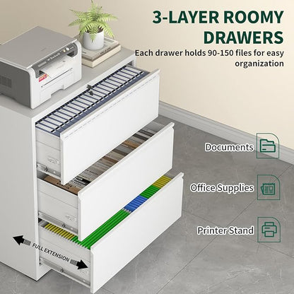 Lateral File Cabinet with Lock, 3 Drawer Metal File Cabinets for Home Office, Large Filing Storage Cabinet Printer Stand, Steel Wide File Cabinet for Legal/A4/F4/Letter Size Files, White