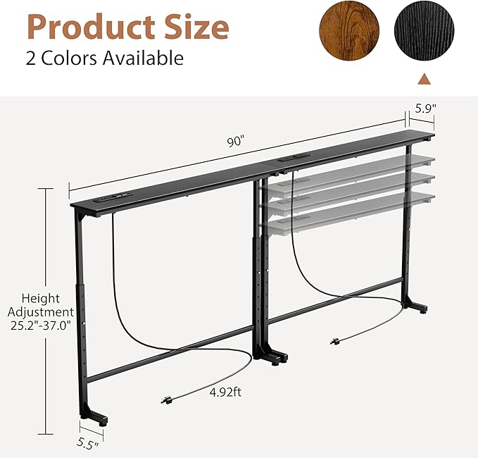 GRLEAF 2 Pack Adjustable Height Narrow Console Table with Power Outlets, 90" Long Sofa Table with Charging Station Behind Couch Table Entryway Table for Living Room and Hallway – Black