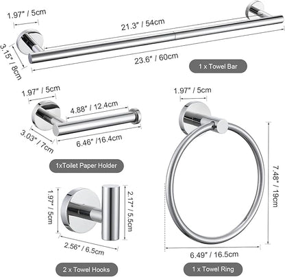 TURS Chrome 5 Piece Bathroom Hardware Set, SUS304 Stainless Steel 24 Inch Bath Towel Bar Set, Round Bathroom Accessories Kit Wall Mounted