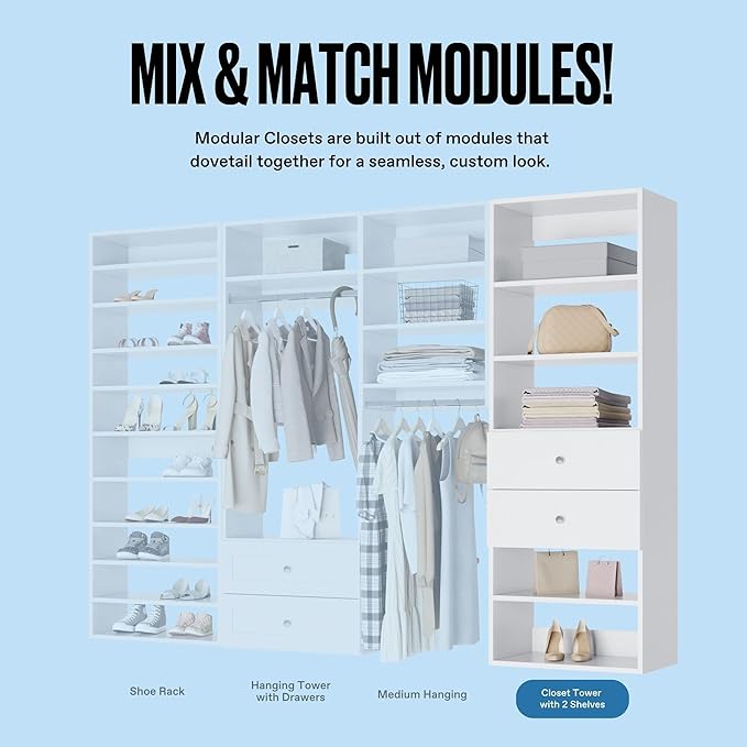 MC Modular Closets Closet Shelves Tower - Modular Closet System with 2 Drawers - Corner Closet System - Closet Organizers and Storage Shelves (White, 25.5 Inches Wide)