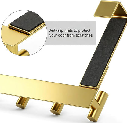 PMMASTO Over The Door Hooks, Fits 1-3/4" Thick Door No Drill Hooks for Closet Bathroom Bedroom Organization, Hanger for Coat Towel Robe (Gold, 5 T-Hooks)