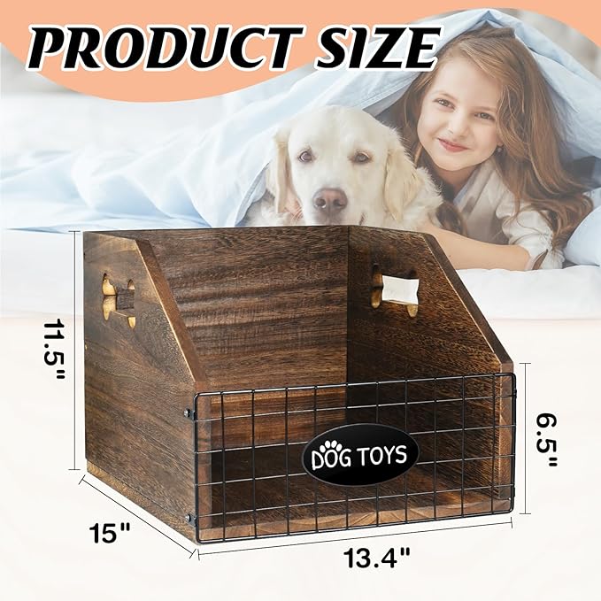 Dog Toy Bin - Large Wooden Toy Chest with Handle - Organizer for Puppy Leash, Blanket, Food, Accessories, Gift