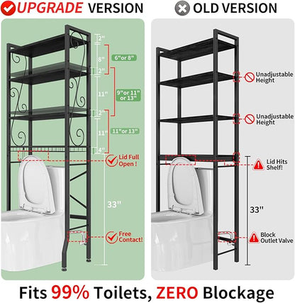 Over-The-Toilet Storage Rack 4-Tier,Bathroom Organizer Shelf Over Toilet,Adjustable Wooden Shelves and Basket,Freestanding Above Toilet Shelf,Space Saver for Rooms(Black Rack-Black Shelves)