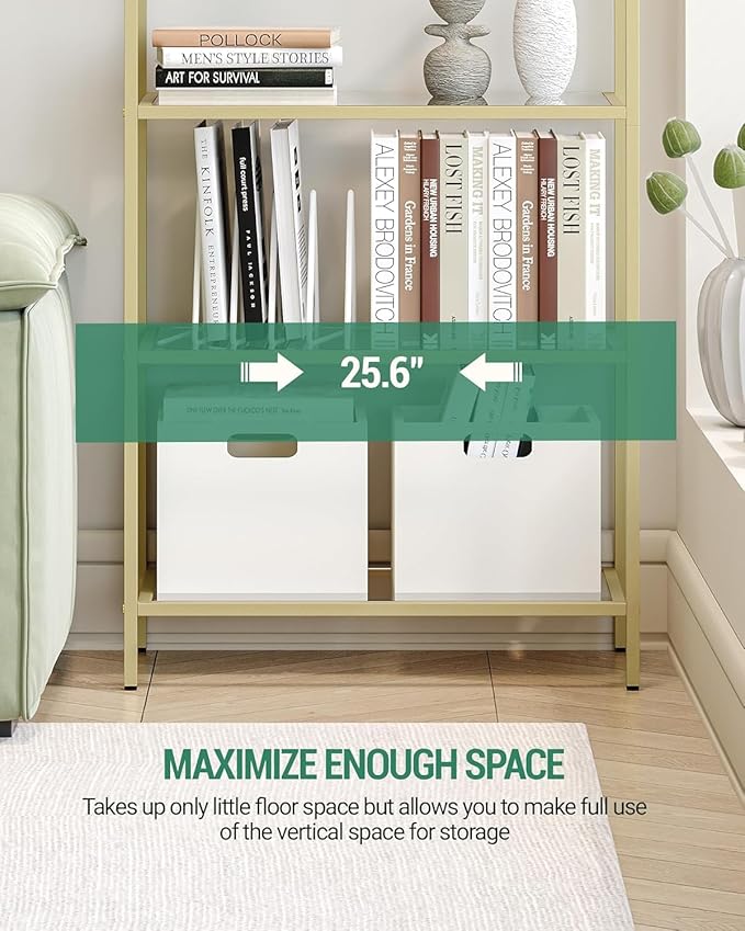 Bookcase Bookshelf, Tempered Glass Arched Bookshelf for More Storage, Slim Shelving Unit for Bedroom, Bathroom, Home Office, Steel Frame, Wide 6 Tier Gold BC22699G