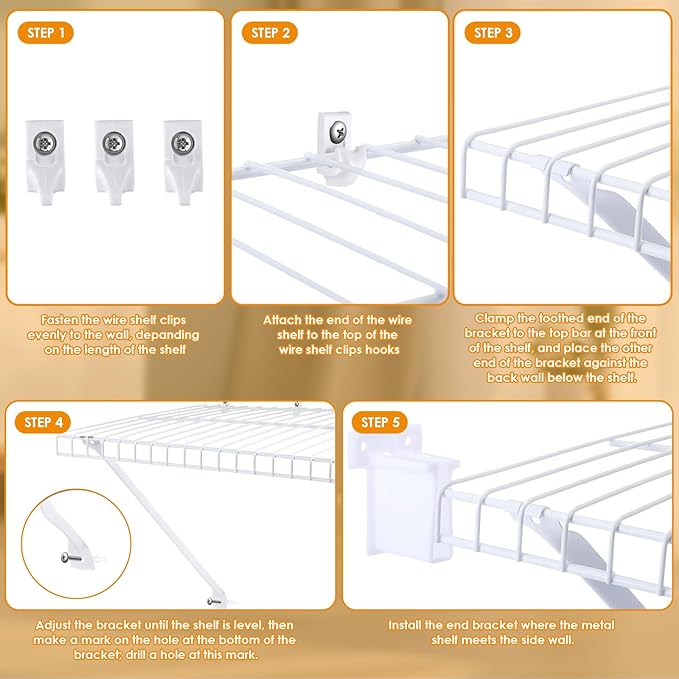 Wire Shelf Bracket Kit for 12" Deep Wire Shelving - Include 4 Support Brackets 4 End Bracket 8 Wall Clips, Easy Install Support for Home Wire Shelf Systems Closet Shelf Wire Storage Installation