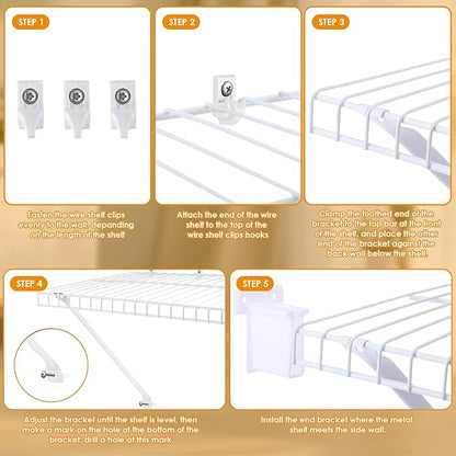 Wire Shelf Bracket Kit for 12" Deep Wire Shelving - Include 4 Support Brackets 4 End Bracket 8 Wall Clips, Easy Install Support for Home Wire Shelf Systems Closet Shelf Wire Storage Installation