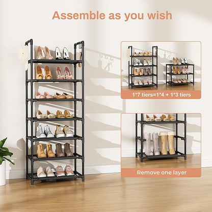 7 Tiers Shoe Rack 18-20 Pairs Boots Organizer Storage Sturdy Narrow Shoe Shelf for Entryway, Closets with Hooks, Black