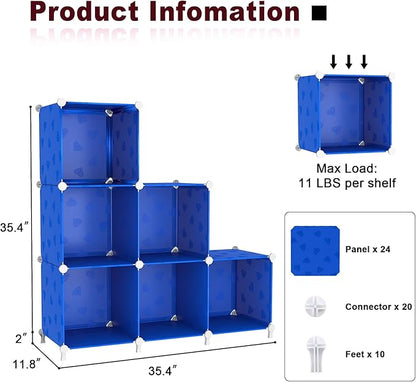 UNKU Cube Storage Organizer, 6 Cube Closet Organizer Storage Shelves, DIY Stackable Bookcase, Clothes Organizer Shelf for Closet, Bedroom, Living Room, Cabinet, Home, Office, Dark Blue