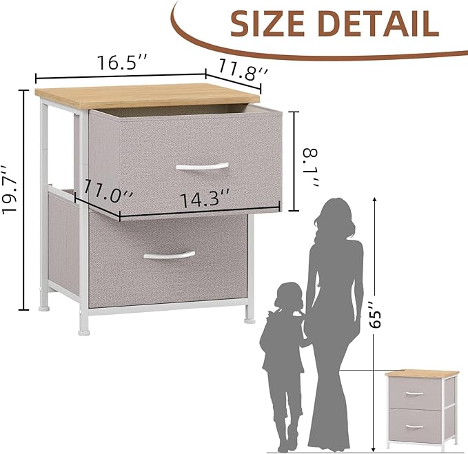 Somdot Nightstand, Small Dresser for Bedroom with 2 Drawers, Bedside Table Night Stand End Table with Fabric Bins for Bedroom Kids Closet Dorm Guest Room, Ash Grey