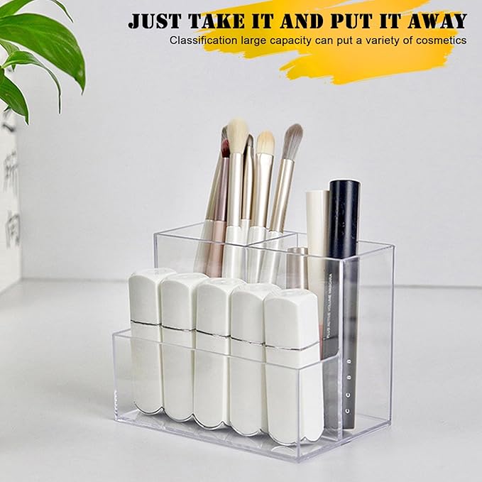 Clear Acrylic Makeup Brush Organizer,Multi-Purpose Cosmetic Brushes Storage Holder with 3 Slots,Pencil Pen Holder for Desk,Desk Organizer and Accessories for Vanity