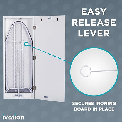 Ivation Wall-Mounted Ironing Board Cabinet with Mirror, Foldable Ironing Storage Station for Home, Apartment, Easy-Release Lever, Garment Hooks, White
