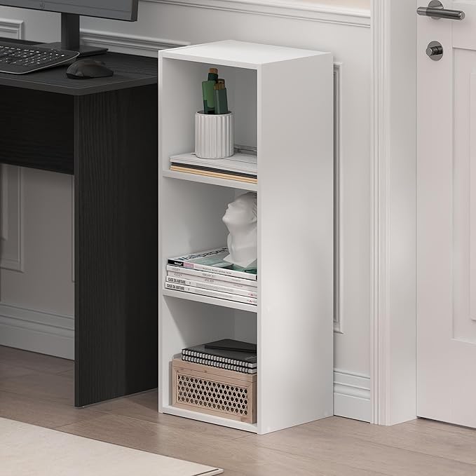 Furinno LUDER Book Shelf, 3-Cube Bookshelf, Bookcase with Open Shelves, 9.3 x 12 x 31.5, for Living Room, Bedroom, Home Office, White