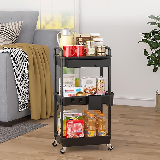 3 Tier Rolling Utility Cart with Drawer, Plastic Storage Organizer Rolling Carts with Wheels Handles Hanging Cups Hooks for Office, Bathroom, Kitchen,Craft Art Room (Black)