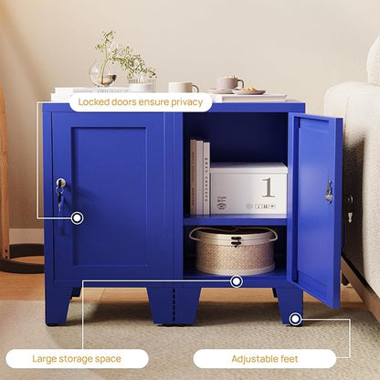 ALBAD Metal Nightstand with Lockable Cabinet, Compact Mini Locker Bedside Table for Kids & Adults, Modern Steel Side Table for Bedroom, Dorm, or Living Room (Blue)