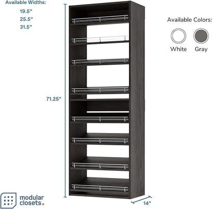 Closet Shelves Tower - Modular Closet System with Shoe Shelves (8) - Corner Closet System - Closet Organizers and Storage Shelves (Gray, 31.5 inches Wide) Closet Shelving