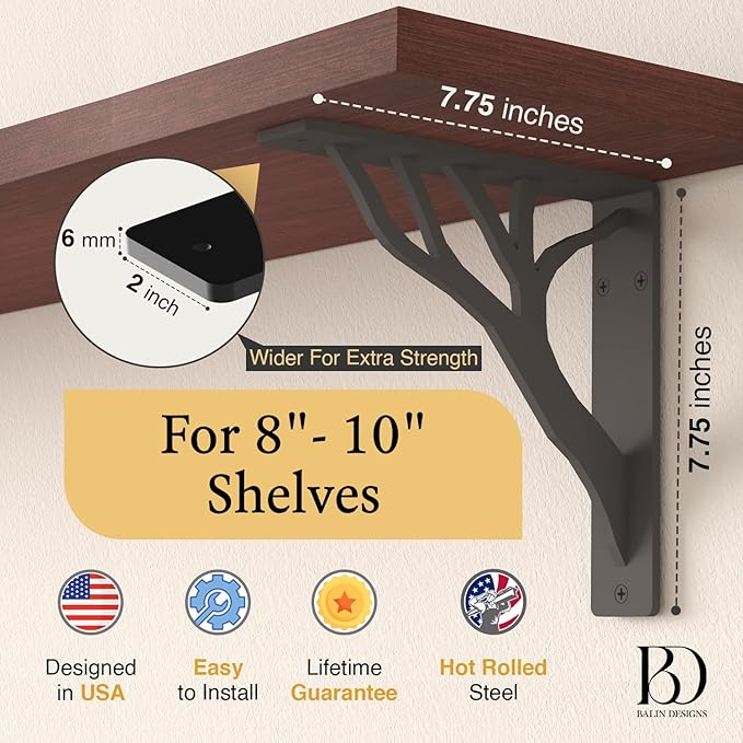 Rustic Tree Black Heavy Duty Shelf Brackets 8 inch by Balin Designs, Decorative L Brackets for Shelves, Metal Fireplace Mantel Large Shelf Bracket, Shelving Bracket, Included Hardware, Set of 2
