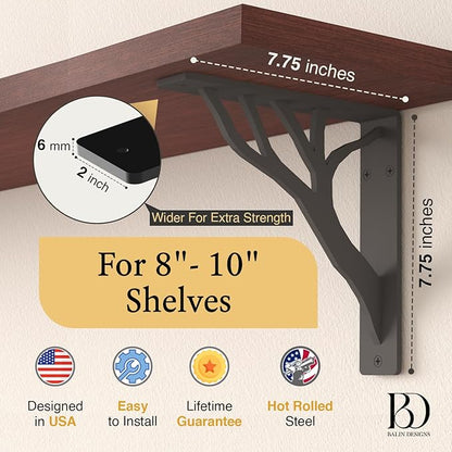 Rustic Tree Black Heavy Duty Shelf Brackets 8 inch by Balin Designs, Decorative L Brackets for Shelves, Metal Fireplace Mantel Large Shelf Bracket, Shelving Bracket, Included Hardware, Set of 2